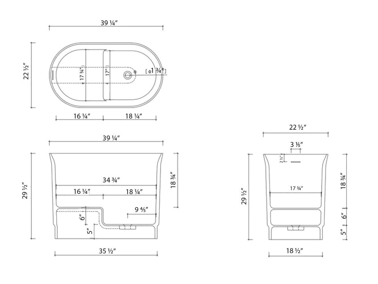 39'' Tatara Freestanding Tub Solid Surface Soaking Bathtub with Seat