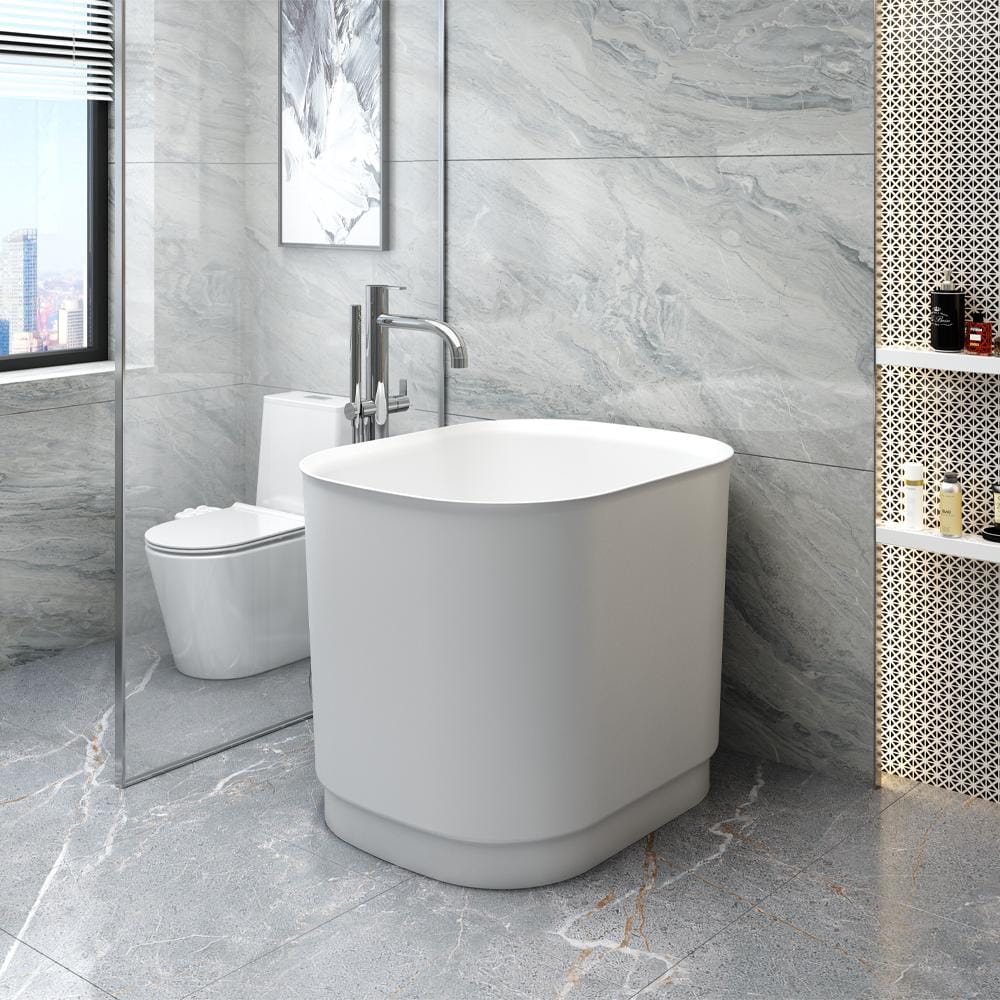 39" Akio Solid Surface Stone Resin Japanese Oval Soaking Bathtub with Integral Seat