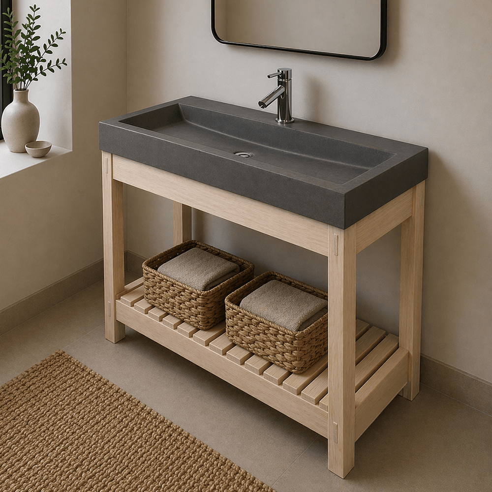 39" Amador Rectangular Cast Concrete Vessel Sink with Wood Stand - Dark Gray
