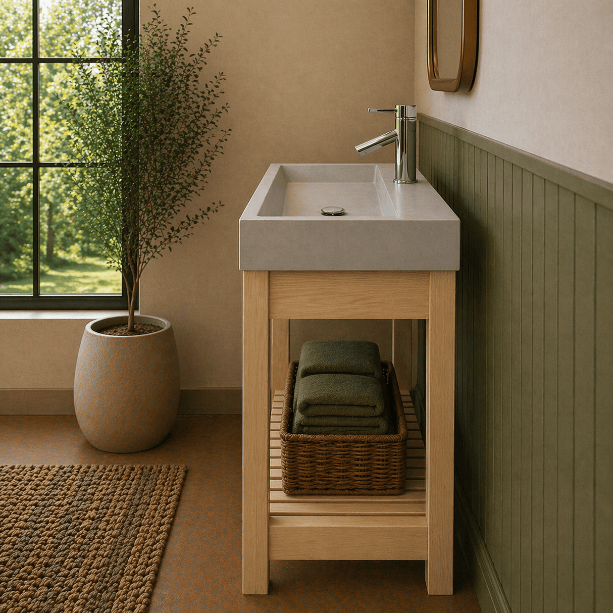 39" Amador Rectangular Cast Concrete Vessel Sink with Wood Stand - White Sandstone