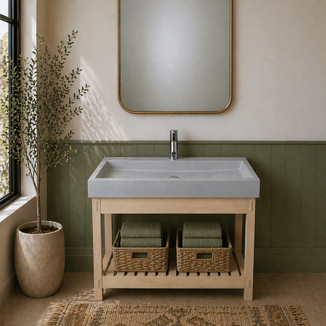 39" Amador Rectangular Cast Concrete Vessel Sink with Wood Stand - White Sandstone
