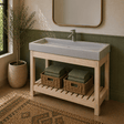 39" Amador Rectangular Cast Concrete Vessel Sink with Wood Stand - White Sandstone