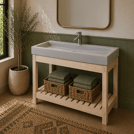 39" Amador Rectangular Cast Concrete Vessel Sink with Wood Stand - White Sandstone