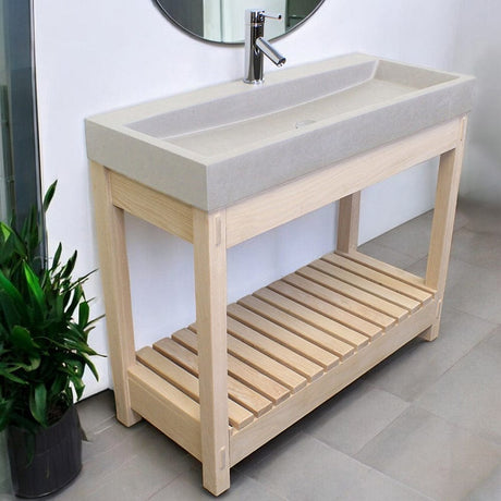 39" Amador Rectangular Cast Concrete Vessel Sink with Wood Stand - White Sandstone