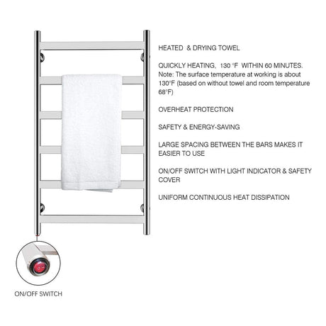 41" Tall 6 Flat Bar Wall-Mount Hard-Wiring/Plug in Towel Warmer
