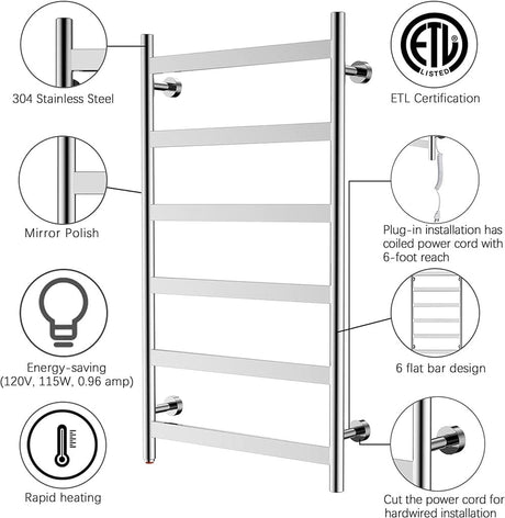 41" Tall 6 Flat Bar Wall-Mount Hard-Wiring/Plug in Towel Warmer
