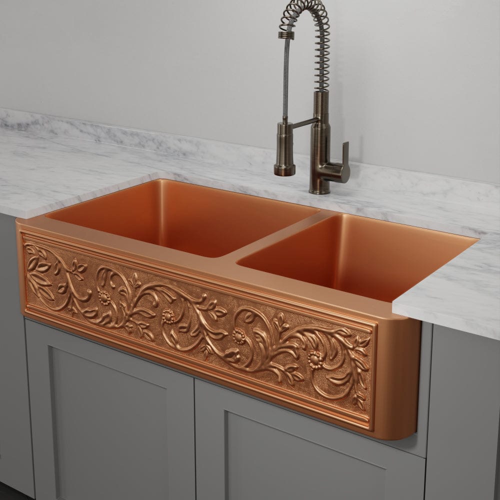 42" Ashland Copper Vine Design 60/40 Offset Double-Bowl Farmhouse Sink
