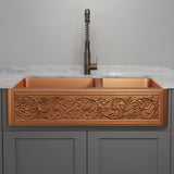 42" Ashland Copper Vine Design 60/40 Offset Double-Bowl Farmhouse Sink