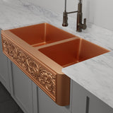 42" Ashland Copper Vine Design 60/40 Offset Double-Bowl Farmhouse Sink