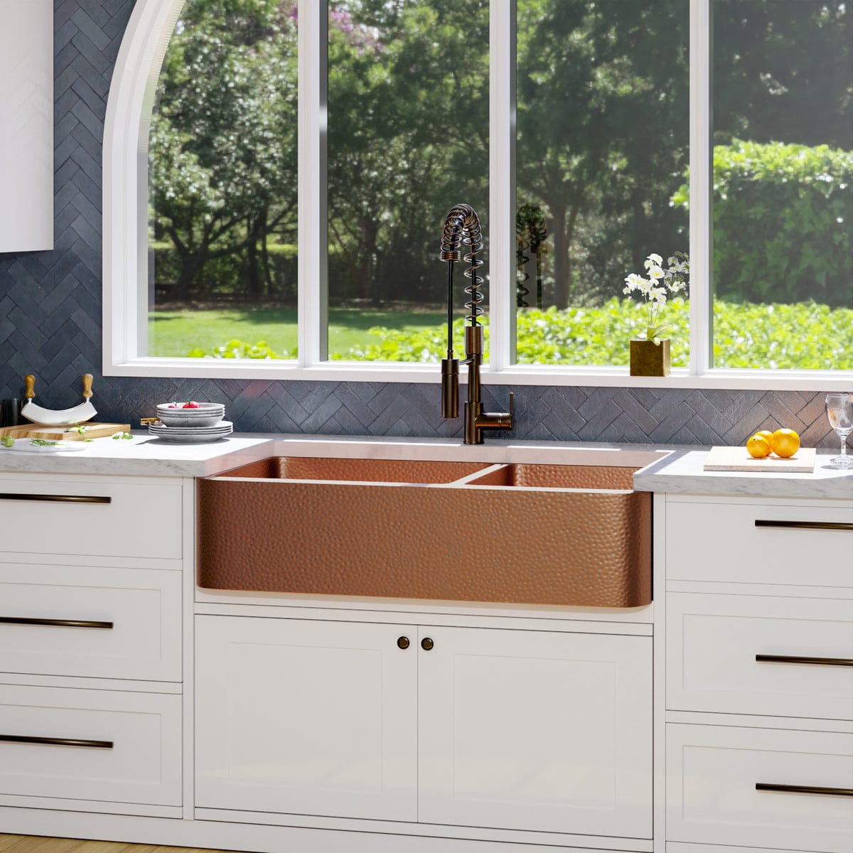 42" Sinclair Hammered Copper 60/40 Offset Double-Bowl Farmhouse Sink