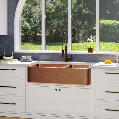 42" Sinclair Hammered Copper 60/40 Offset Double-Bowl Farmhouse Sink