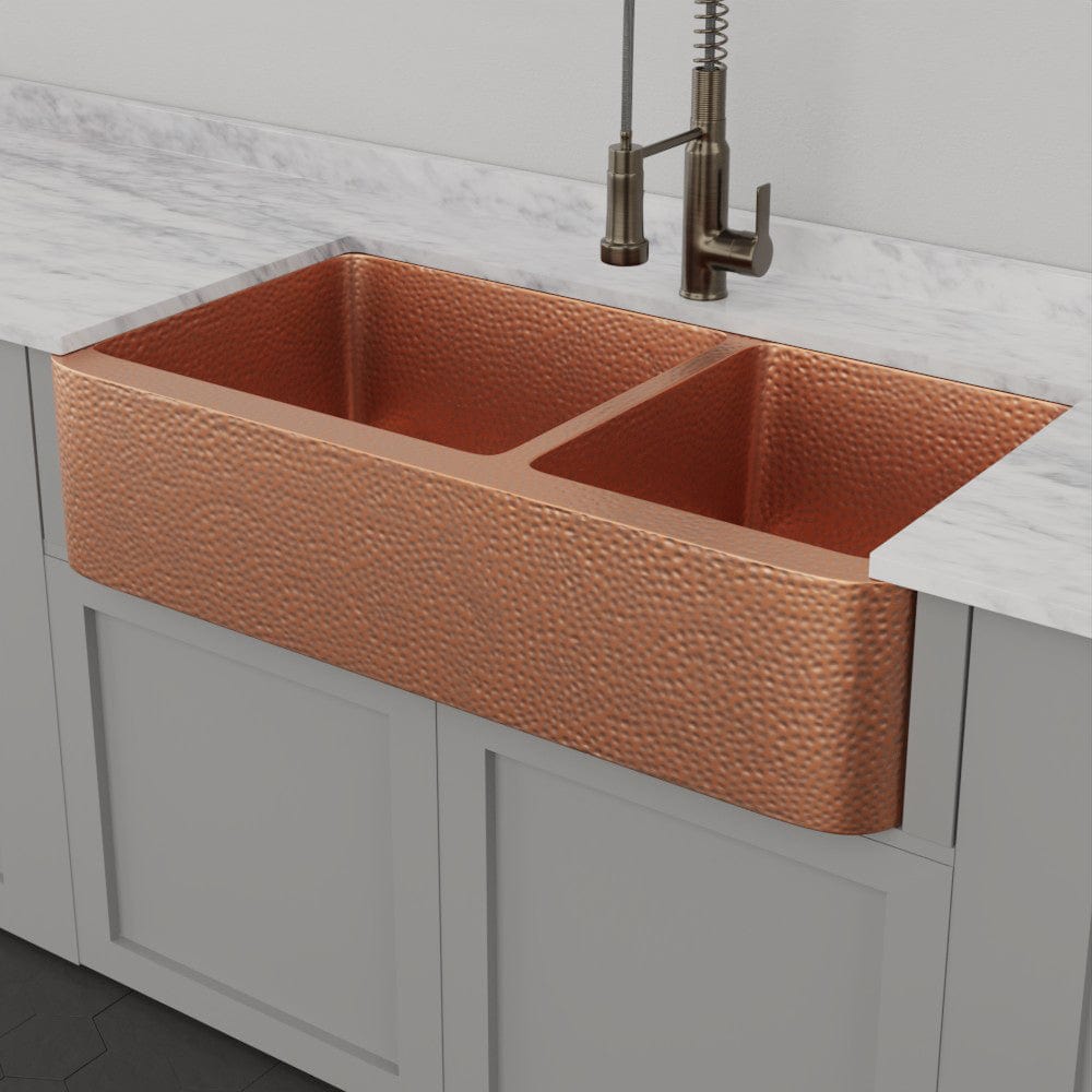 42" Sinclair Hammered Copper 60/40 Offset Double-Bowl Farmhouse Sink