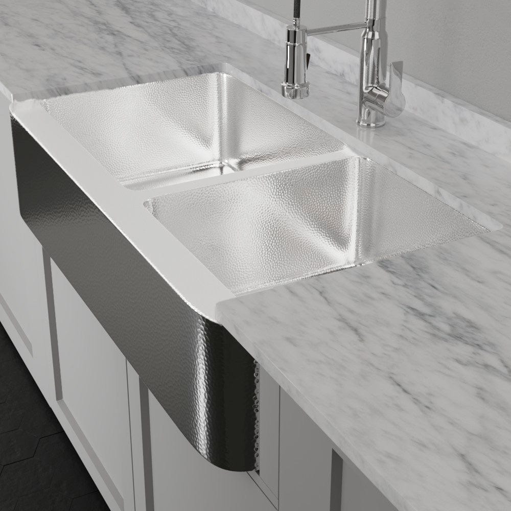 42" Talbert 60/40 Double-Bowl Stainless Steel Farmhouse Sink - Polished Hammered Steel