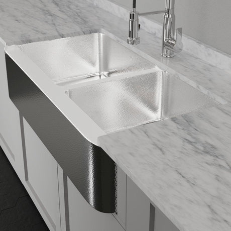42" Talbert 60/40 Double-Bowl Stainless Steel Farmhouse Sink - Polished Hammered Steel