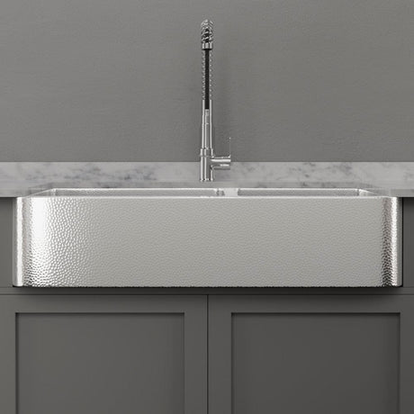 42" Talbert 60/40 Double-Bowl Stainless Steel Farmhouse Sink - Polished Hammered Steel