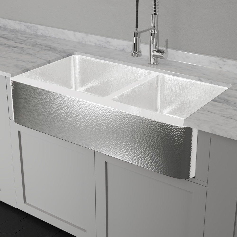 42" Talbert 60/40 Double-Bowl Stainless Steel Farmhouse Sink - Polished Hammered Steel