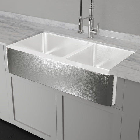 42" Talbert 60/40 Double-Bowl Stainless Steel Farmhouse Sink - Polished Hammered Steel