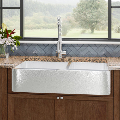 42" Talbert 60/40 Double-Bowl Stainless Steel Farmhouse Sink - Polished Hammered Steel