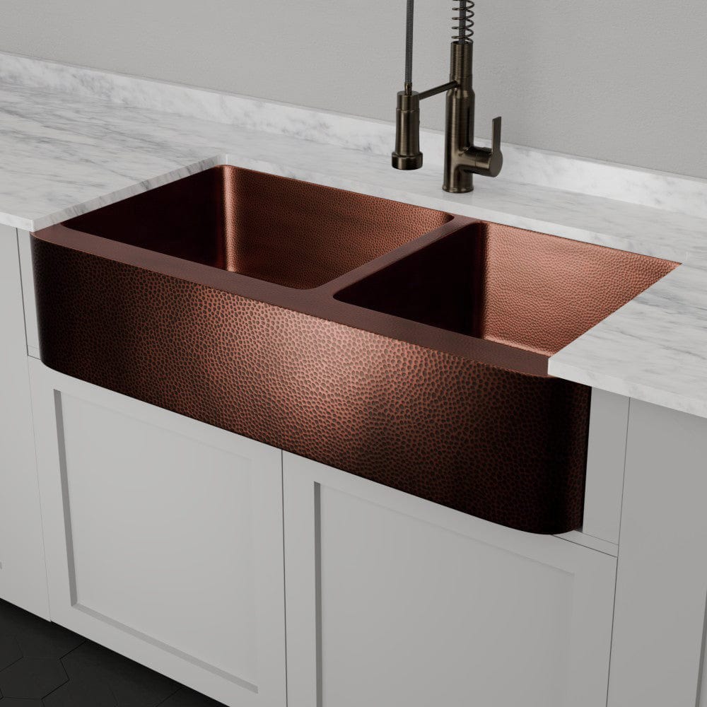 42" Viki 60/40 Hammered Copper Farmhouse Sink - Antique Copper Interior with Dark Copper Exterior