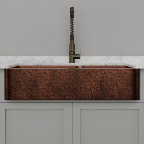 42" Viki 60/40 Hammered Copper Farmhouse Sink - Antique Copper Interior with Dark Copper Exterior