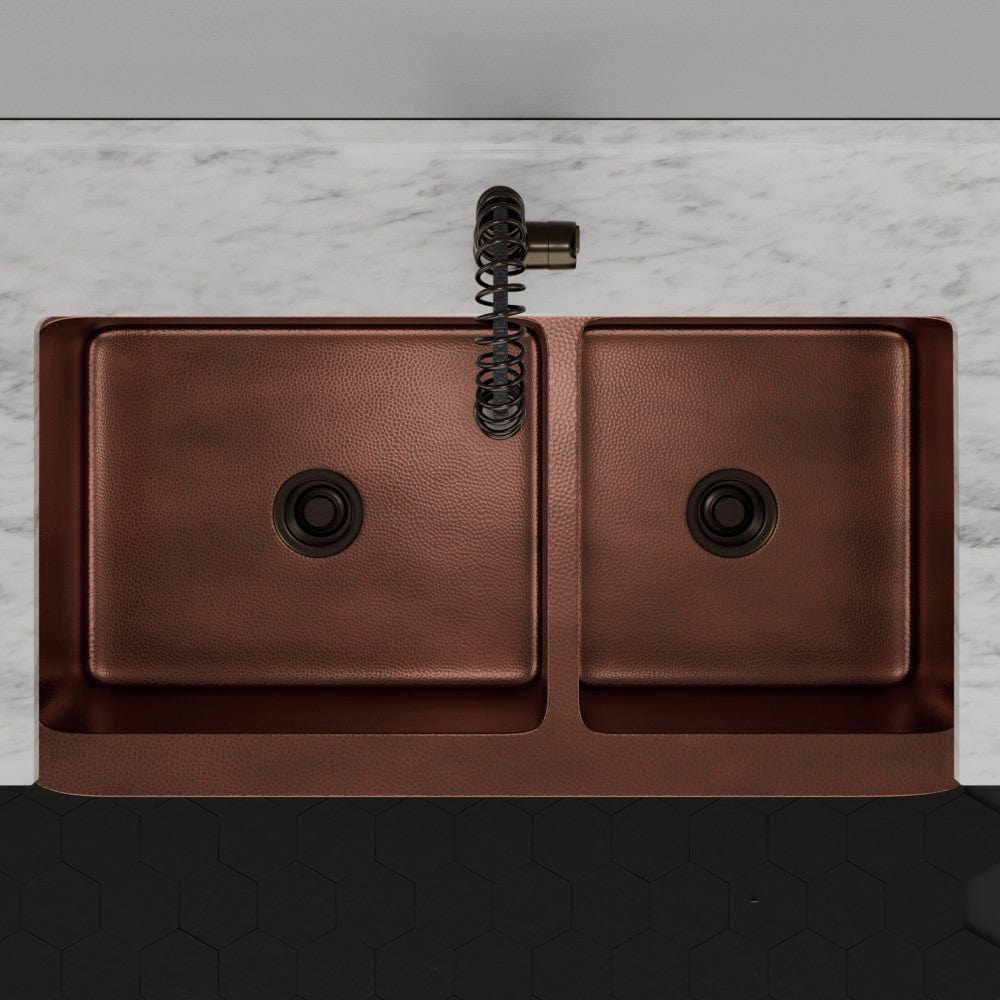 42" Viki 60/40 Hammered Copper Farmhouse Sink - Antique Copper Interior with Dark Copper Exterior