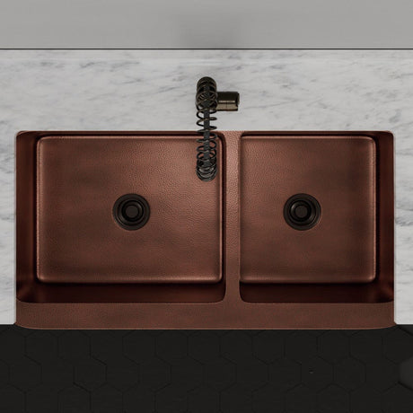 42" Viki 60/40 Hammered Copper Farmhouse Sink - Antique Copper Interior with Dark Copper Exterior