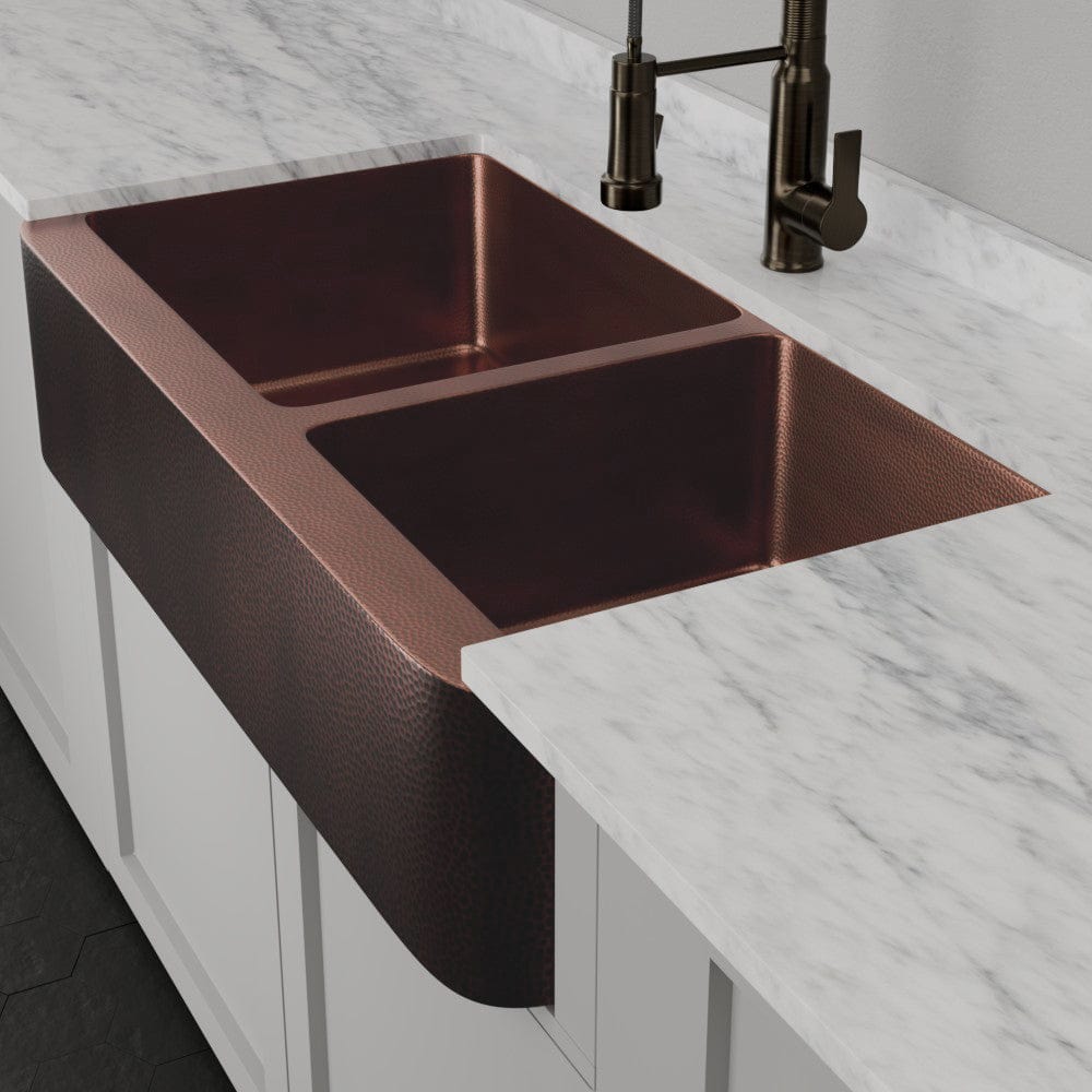 42" Viki 60/40 Hammered Copper Farmhouse Sink - Antique Copper Interior with Dark Copper Exterior