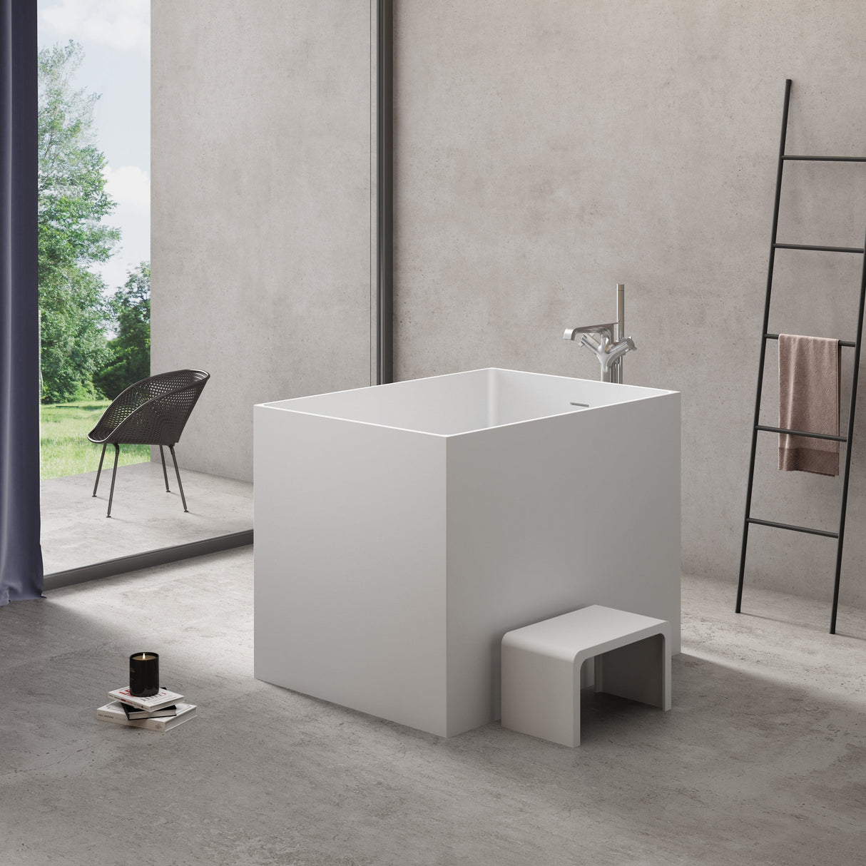 43" Haru Solid Surface Stone Resin Japanese Rectangular Soaking Bathtub with Integral Seat