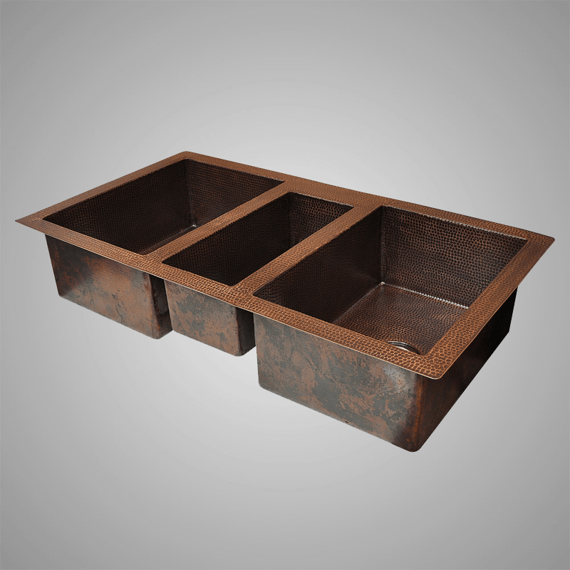 45" Buenavista Hammered Copper Triple-Bowl Drop-In Kitchen Sink