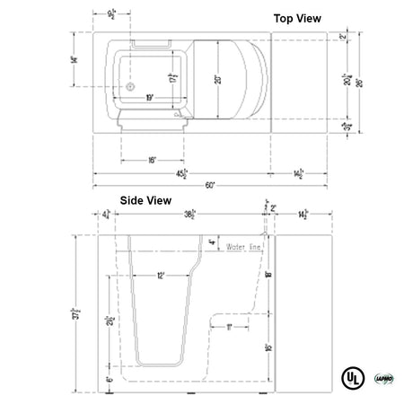 46" Aspen Compact Walk-In Tub - 38" Height