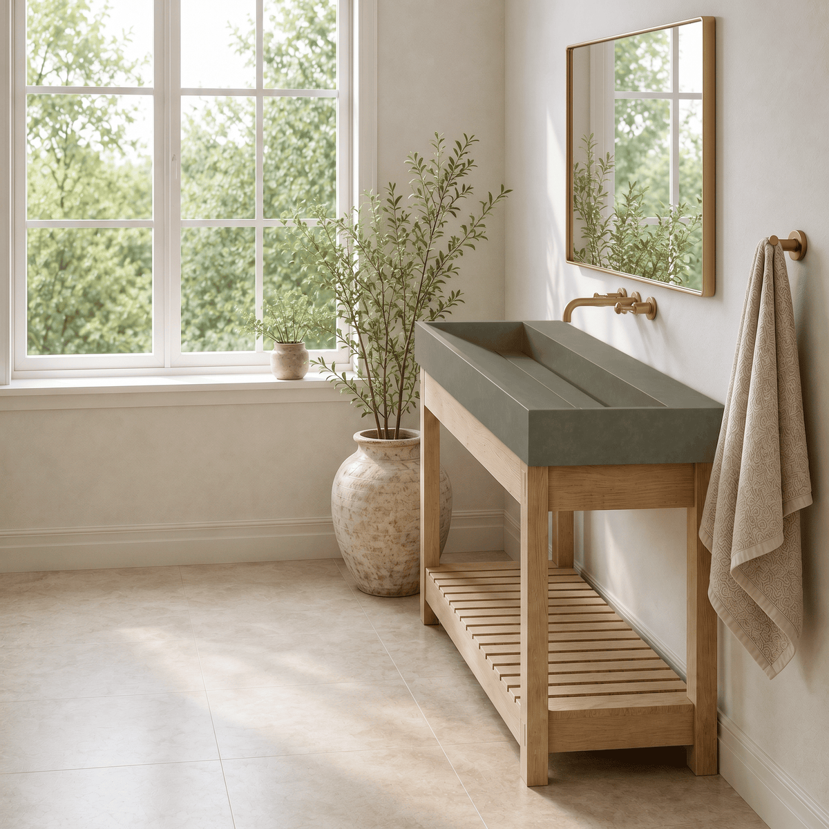 47" Thorold  Rectangular Cast Concrete Vessel Sink with Wood Stand - Dark Gray