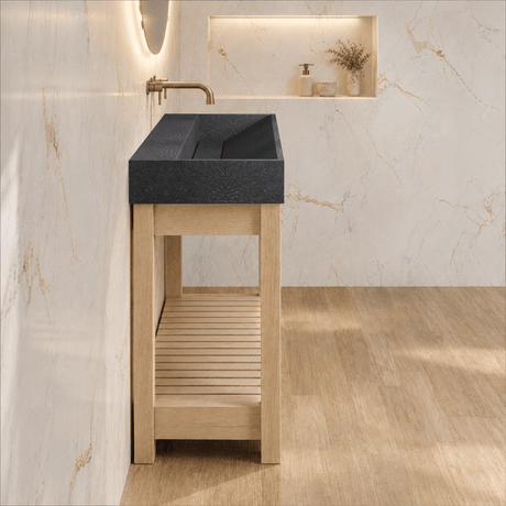 47" Thorold Rectangular Cast Concrete Vessel Sink with Wood Stand - Speckled Dark Gray Sandstone