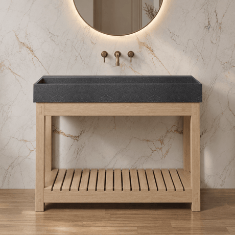 47" Thorold Rectangular Cast Concrete Vessel Sink with Wood Stand - Speckled Dark Gray Sandstone