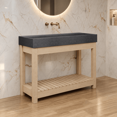 47" Thorold Rectangular Cast Concrete Vessel Sink with Wood Stand - Speckled Dark Gray Sandstone