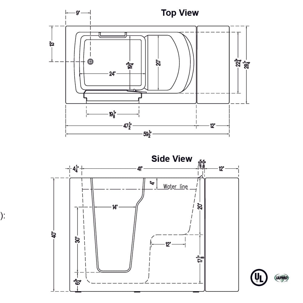 48" Bellingham Compact Walk-In Tub - 40" Height