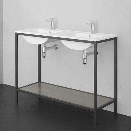 48" Regina Vitreous China Double Bowl Console Bathroom Sink with Black Powdercoat Iron Stand
