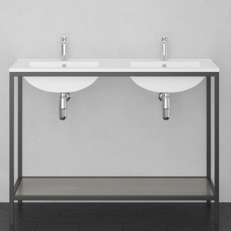 48" Regina Vitreous China Double Bowl Console Bathroom Sink with Black Powdercoat Iron Stand