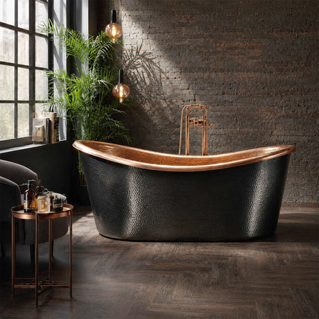 58 Argus Black Hammered Copper Double-Slipper Freestanding Tub with Polished Copper Interior