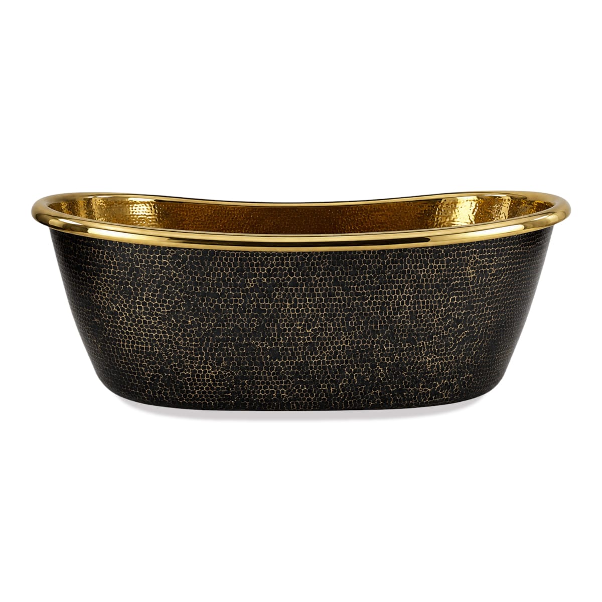 58 Avelina Black Hammered Brass Double-Slipper Freestanding Tub with Polished Brass Interior