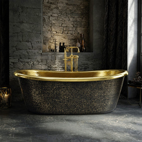 58 Avelina Black Hammered Brass Double-Slipper Freestanding Tub with Polished Brass Interior