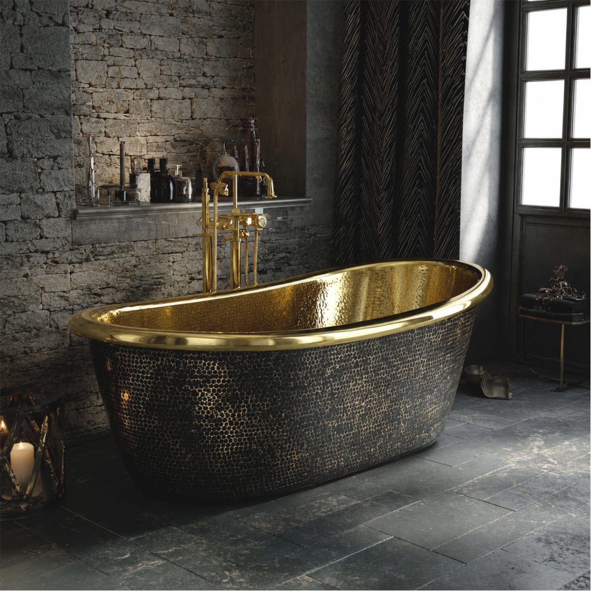 58 Avelina Black Hammered Brass Double-Slipper Freestanding Tub with Polished Brass Interior