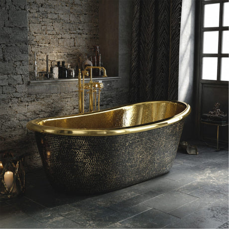 58 Avelina Black Hammered Brass Double-Slipper Freestanding Tub with Polished Brass Interior