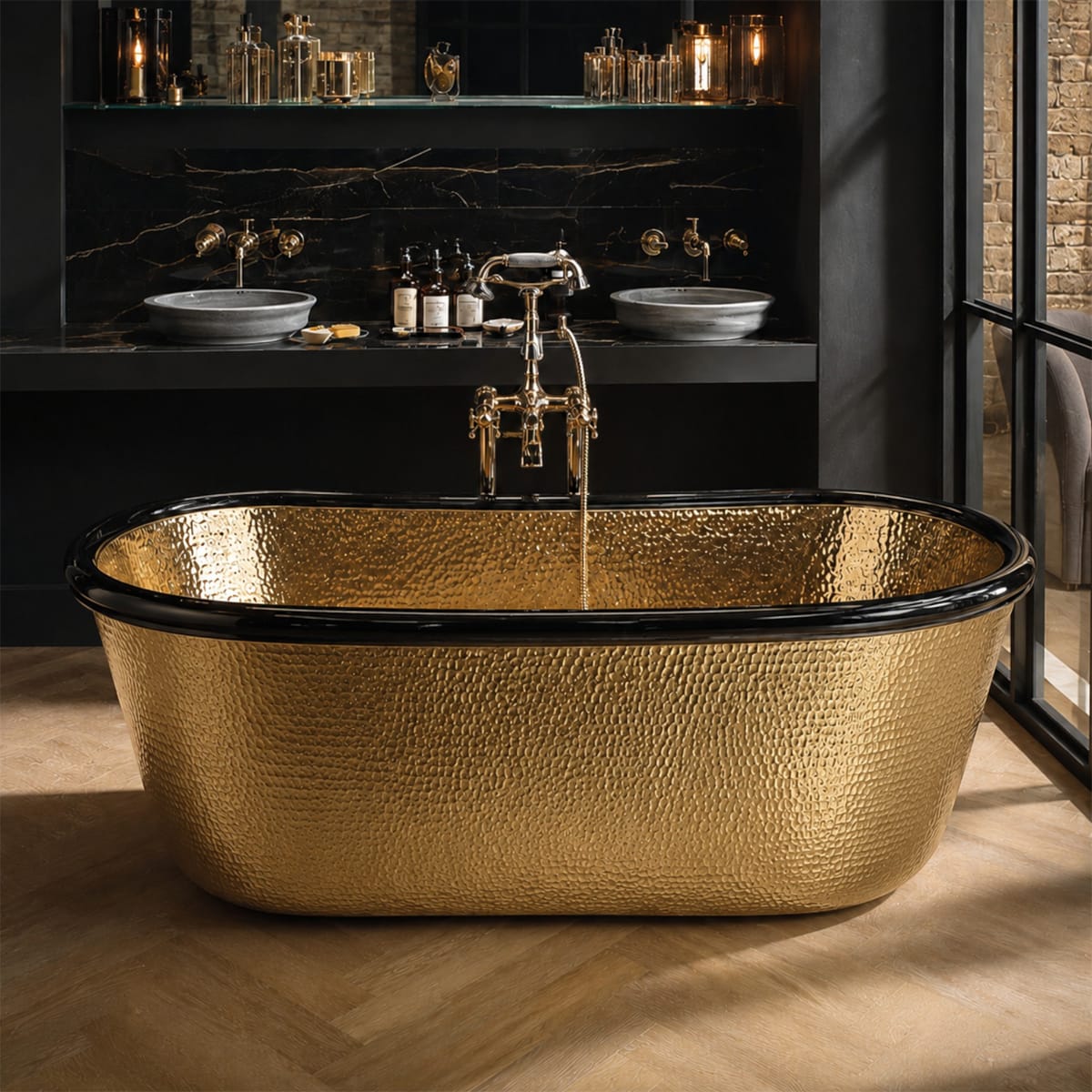 58 Eros Hammered Polished Brass Freestanding Tub with Black Rim