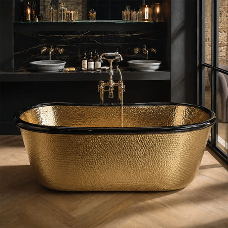 58 Eros Hammered Polished Brass Freestanding Tub with Black Rim