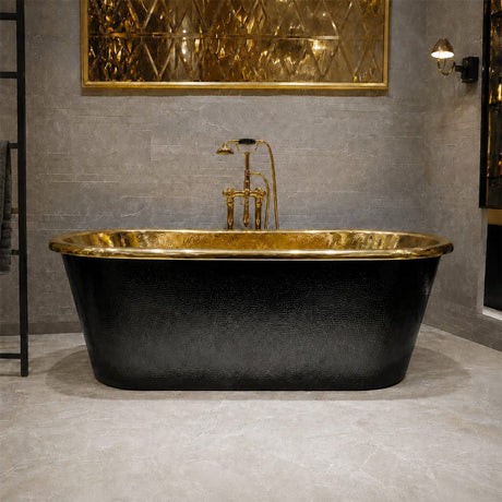 58 Evander Black Hammered Brass Freestanding Tub with Polished Brass Interior