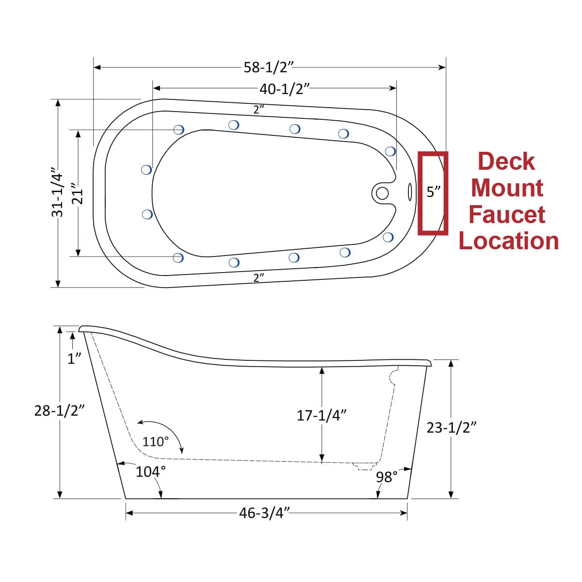 59" Cascade Acrylic Slipper Freestanding Massage Tub
