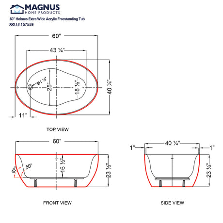 60" Holmes Extra Wide Acrylic Freestanding Tub With Insulation