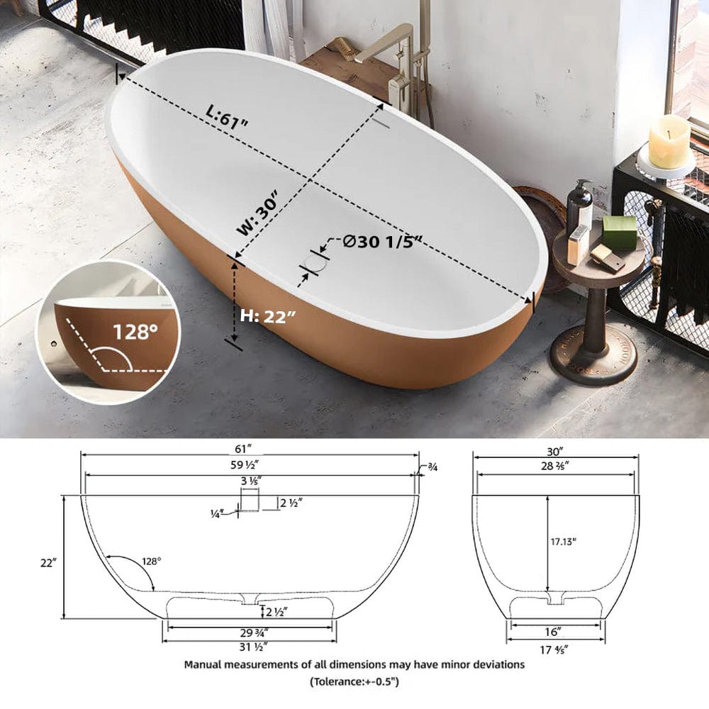 61" Denali Solid Surface Stone Resin Freestanding Bathtub - Gold Exterior