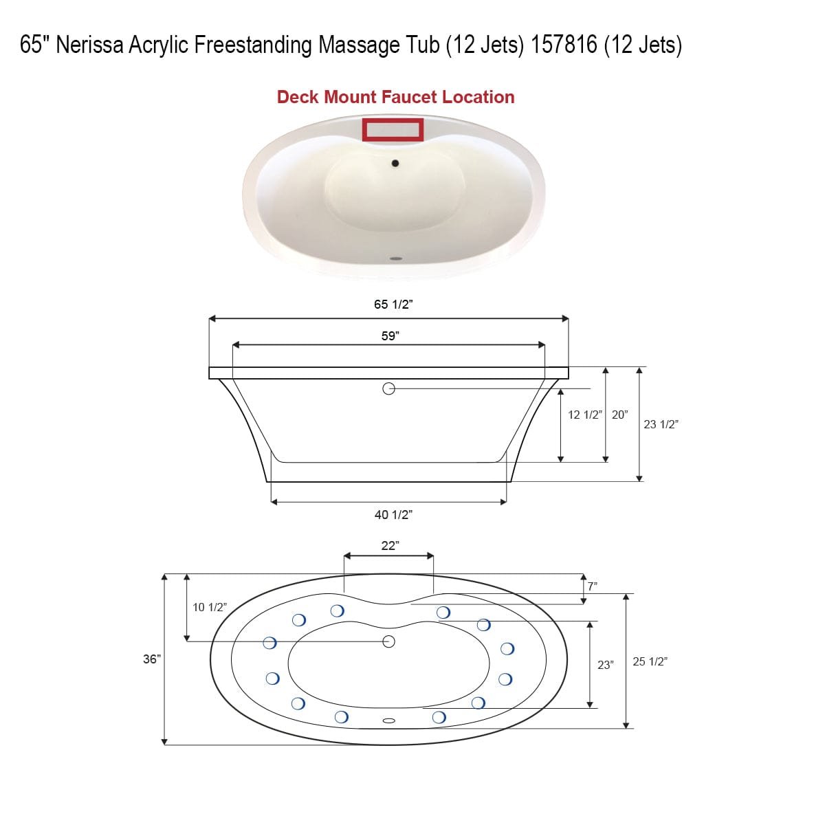 65" Nerissa Acrylic Freestanding Massage Tub