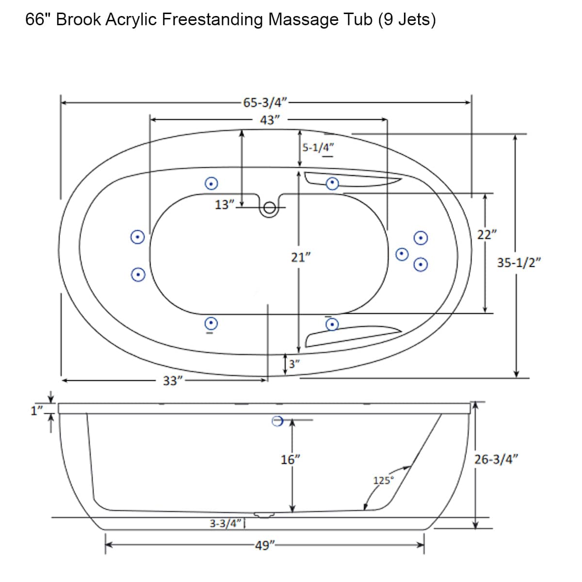 66" Brook Acrylic Freestanding Massage Tub